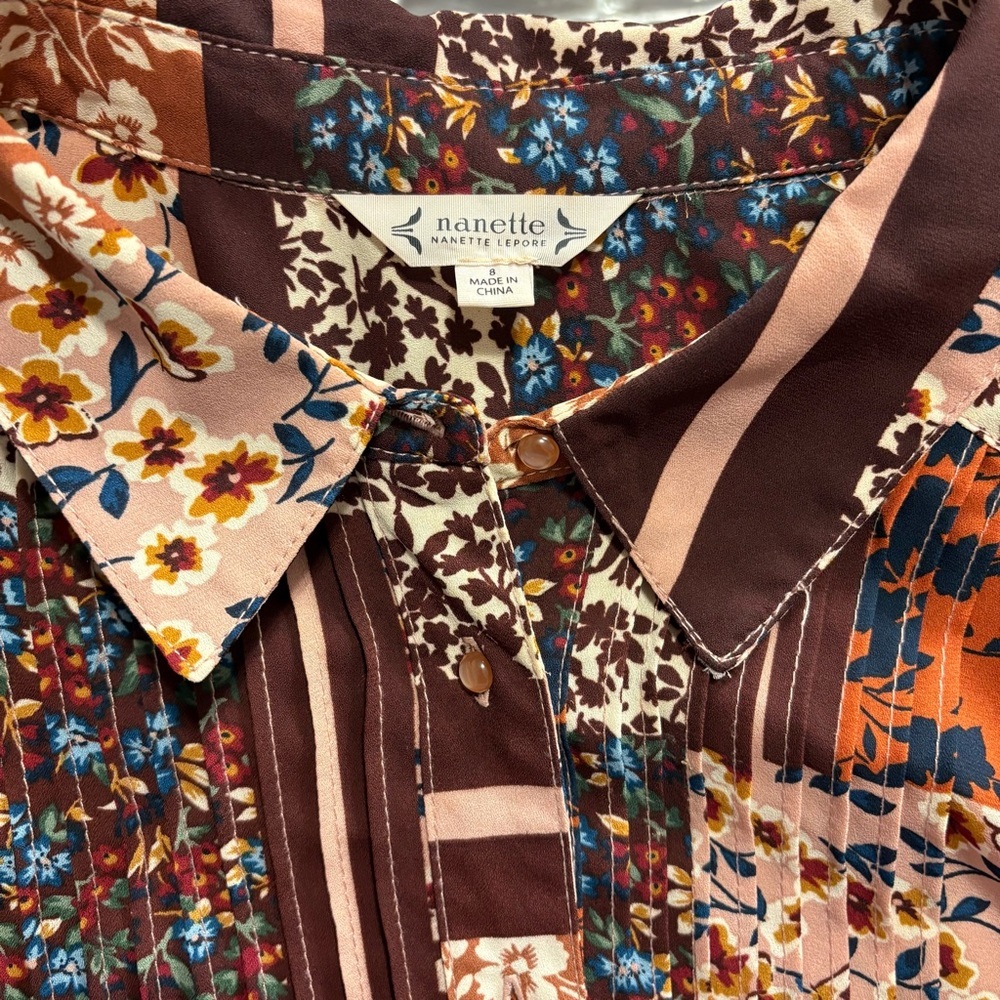 NANETTE LEPORE Button Up Patchwork Shirtdress Tie Waist Pintuck Long Sleeve Sz 8 - Picture 7 of 10